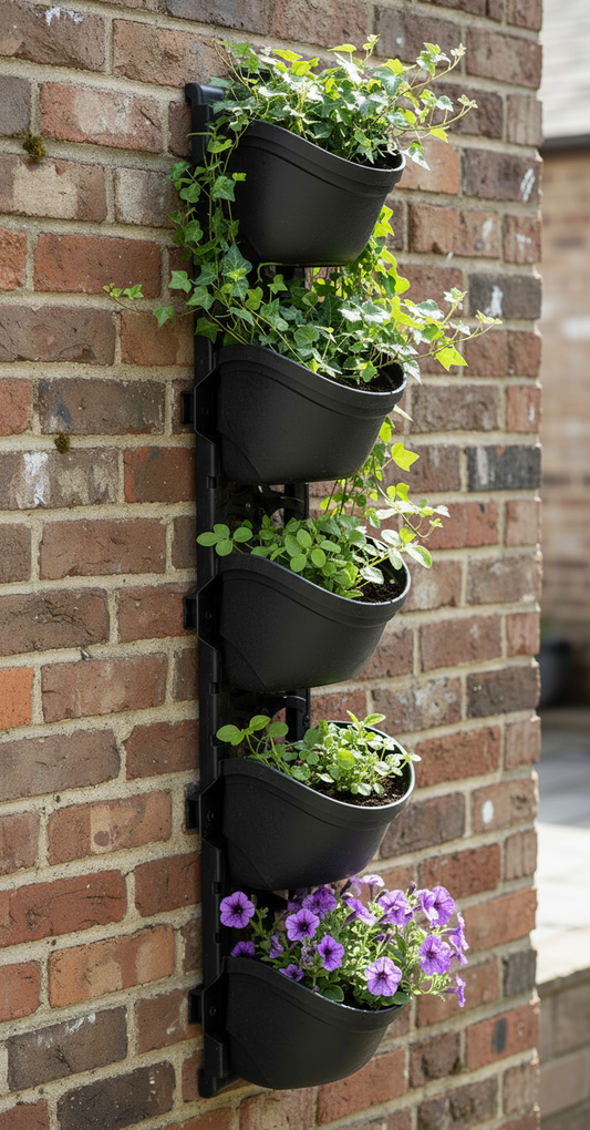 Zwarte verticale tuinplanter met meerdere lagen en hangende bloemen.